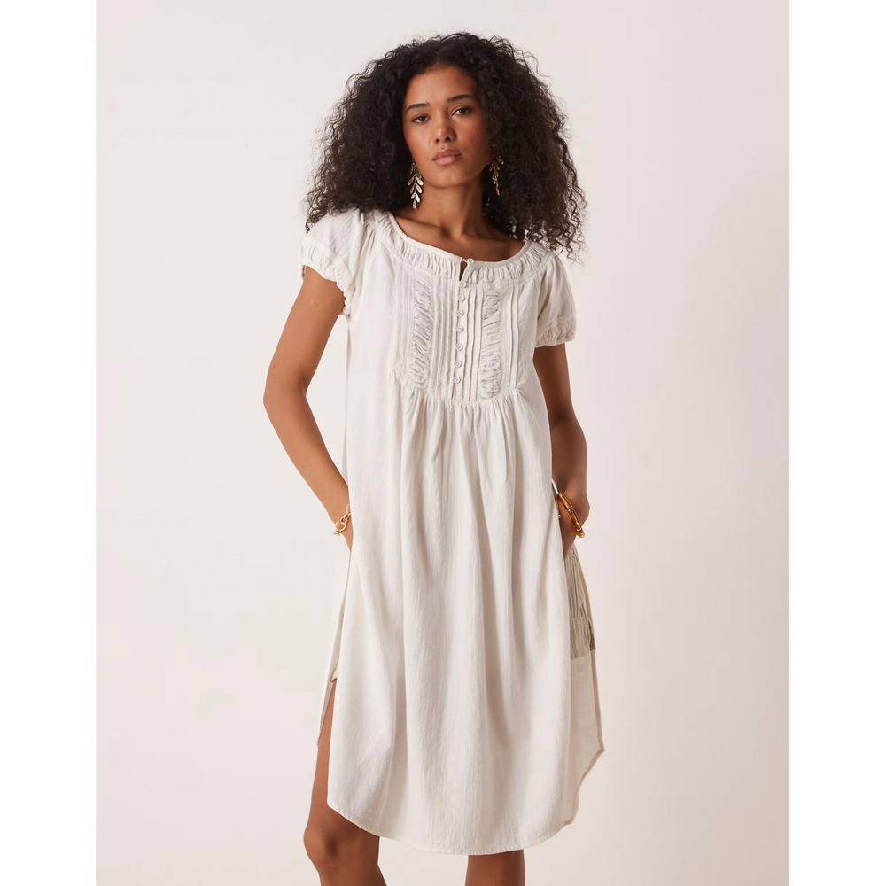 We The Free Tunic L White Cotton Linen Ruffle Pintuck Boho Coastal Grandma